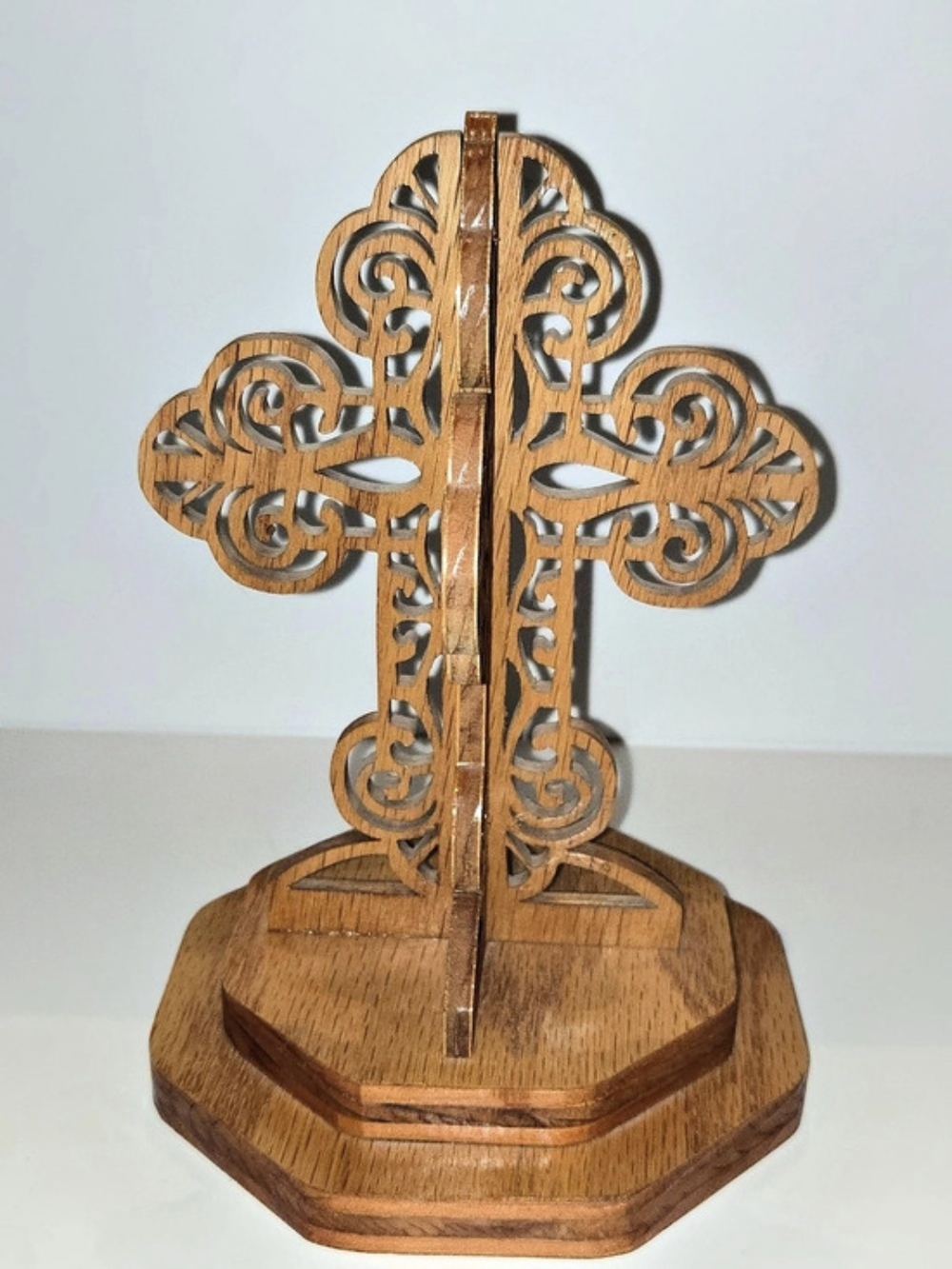 Vintage 3D Fretwork Wooden Cross – Freestanding Interlocking Scroll Saw Art 8x5"